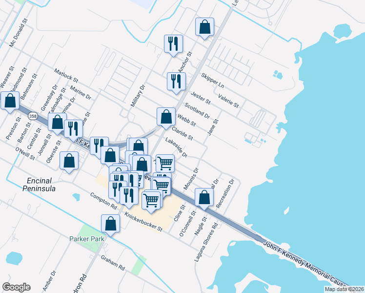 map of restaurants, bars, coffee shops, grocery stores, and more near 547 Lakeside Drive in Corpus Christi