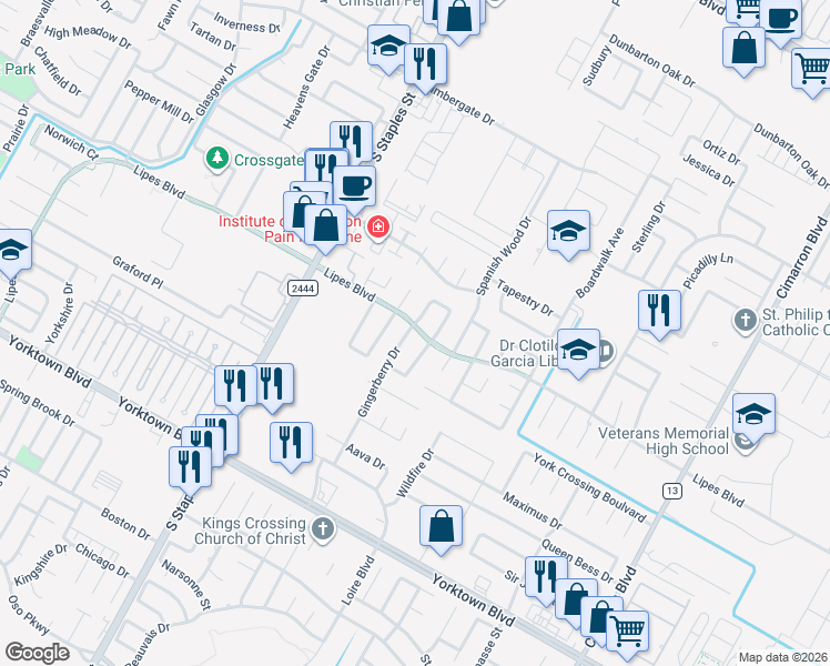 map of restaurants, bars, coffee shops, grocery stores, and more near 7121 Crapemyrtle Drive in Corpus Christi