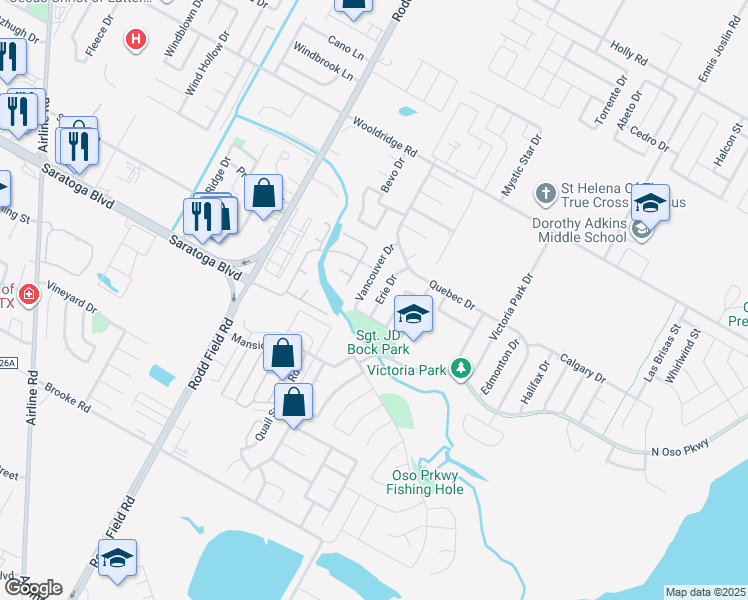 map of restaurants, bars, coffee shops, grocery stores, and more near 2813 Erie Drive in Corpus Christi