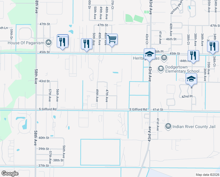 map of restaurants, bars, coffee shops, grocery stores, and more near 4266 42nd Street in Vero Beach