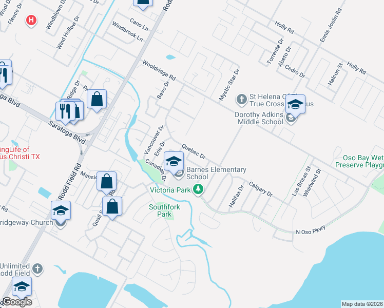 map of restaurants, bars, coffee shops, grocery stores, and more near 2802 Thunder Bay Court in Corpus Christi