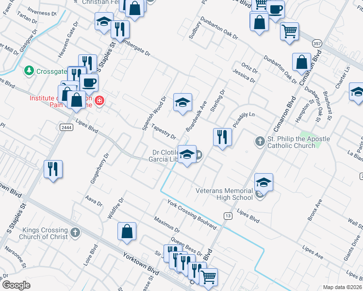 map of restaurants, bars, coffee shops, grocery stores, and more near 7022 Boardwalk Avenue in Corpus Christi