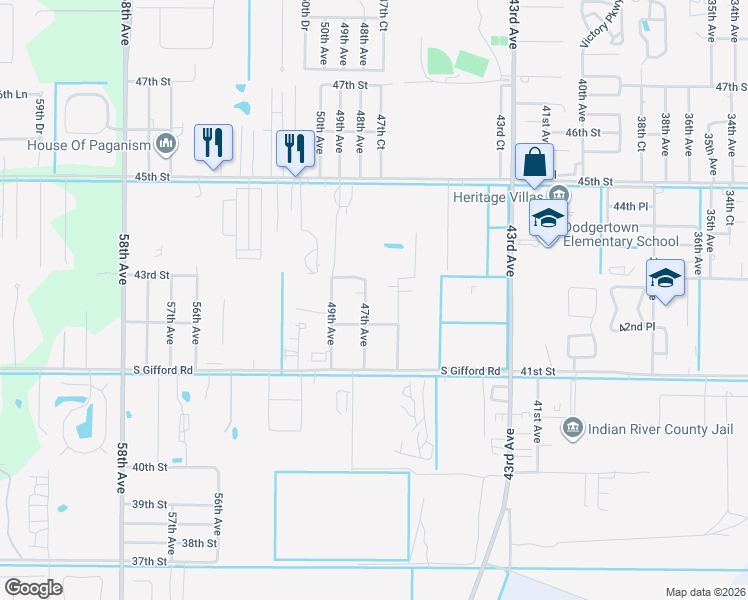 map of restaurants, bars, coffee shops, grocery stores, and more near 4266 42nd Street in Vero Beach