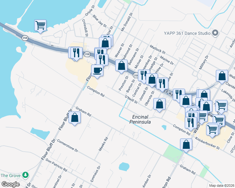 map of restaurants, bars, coffee shops, grocery stores, and more near 1801 O'Neill Street in Corpus Christi