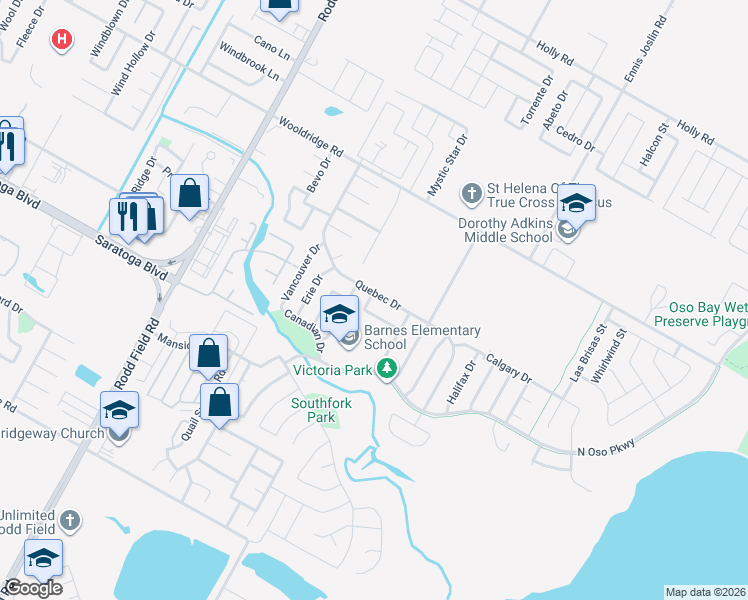 map of restaurants, bars, coffee shops, grocery stores, and more near 2802 Thunder Bay Court in Corpus Christi