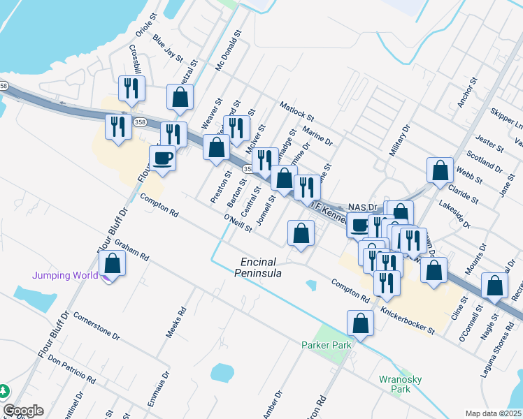 map of restaurants, bars, coffee shops, grocery stores, and more near 1218 Jonnell Street in Corpus Christi