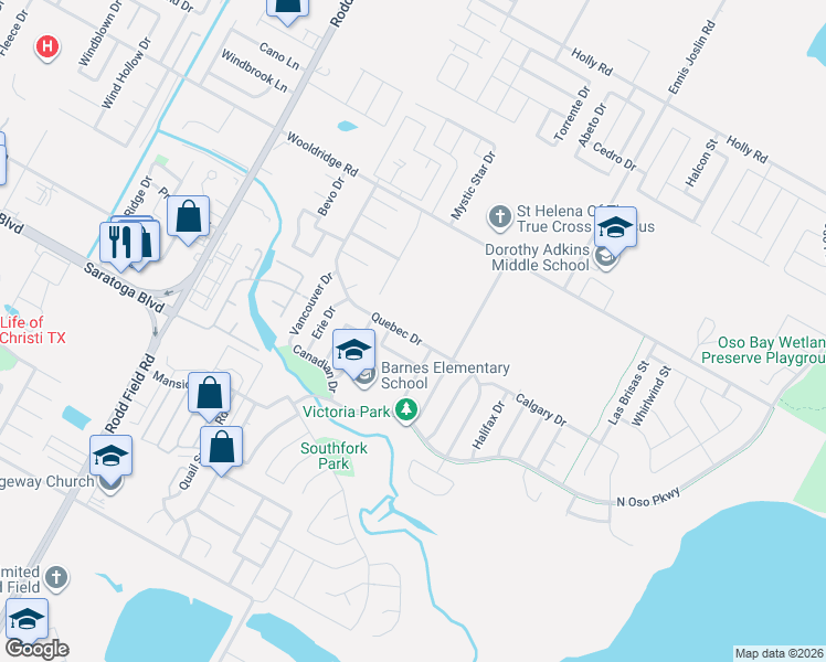 map of restaurants, bars, coffee shops, grocery stores, and more near 2838 Quebec Drive in Corpus Christi