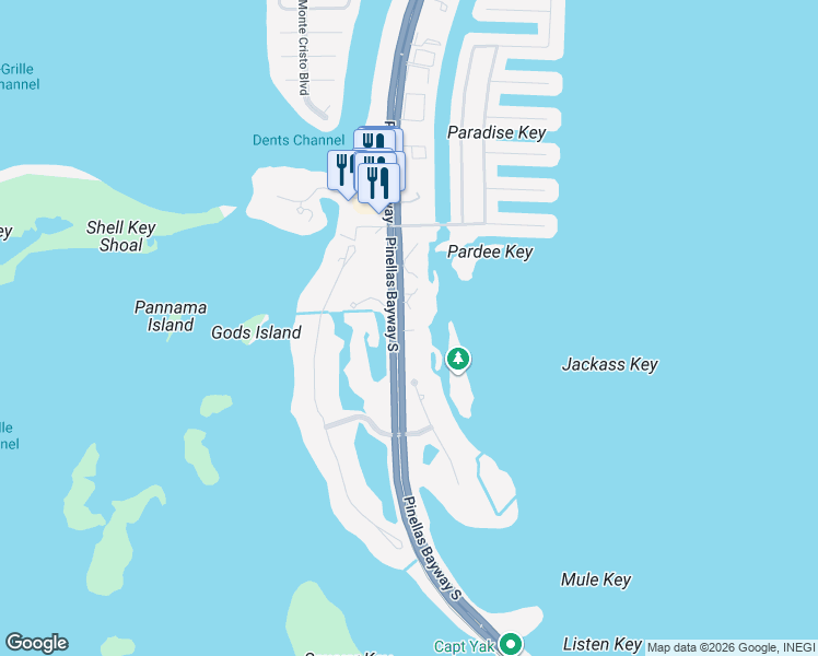 map of restaurants, bars, coffee shops, grocery stores, and more near 1583 Pinellas Bayway South in St. Petersburg