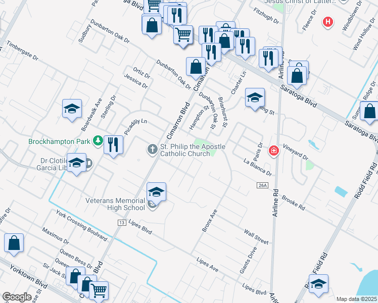 map of restaurants, bars, coffee shops, grocery stores, and more near 3401 De Zavala Street in Corpus Christi
