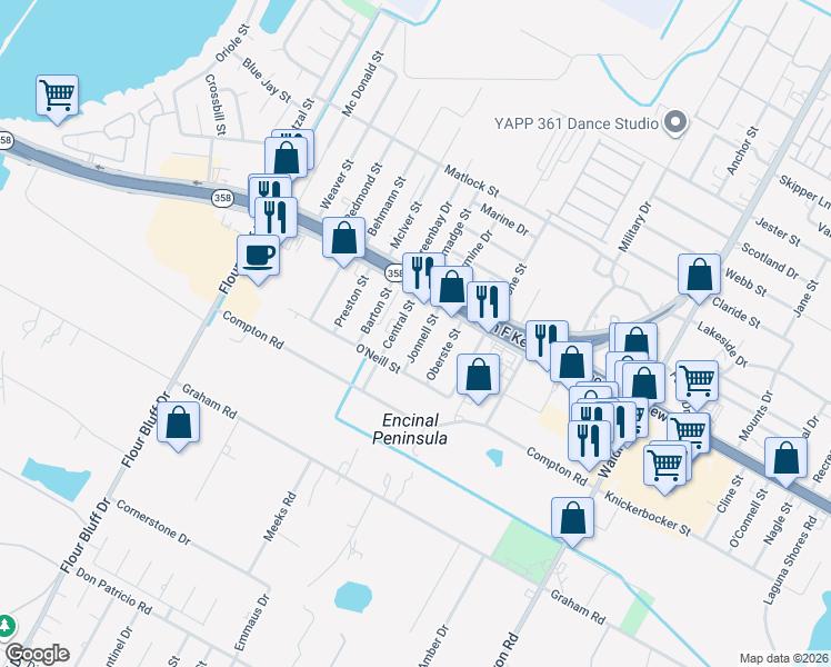 map of restaurants, bars, coffee shops, grocery stores, and more near 1218 Jonnell Street in Corpus Christi
