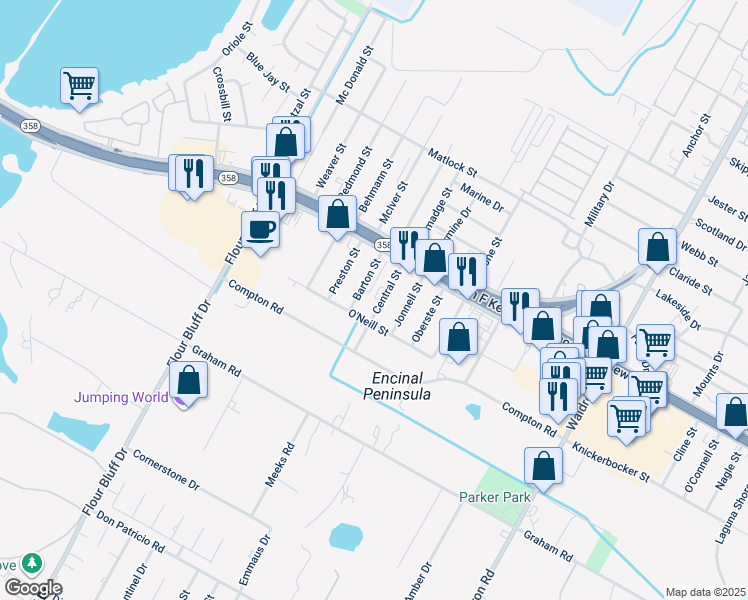 map of restaurants, bars, coffee shops, grocery stores, and more near 7233 Barton in Corpus Christi