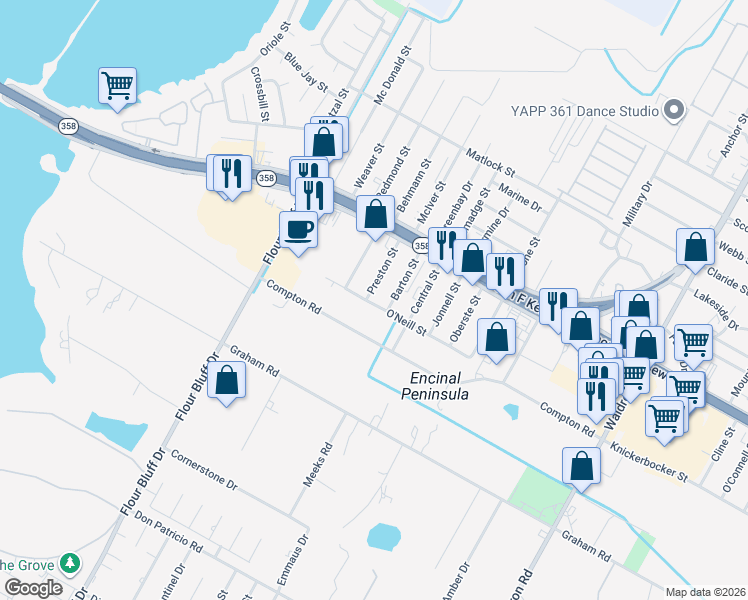map of restaurants, bars, coffee shops, grocery stores, and more near 1801 O'Neill Street in Corpus Christi