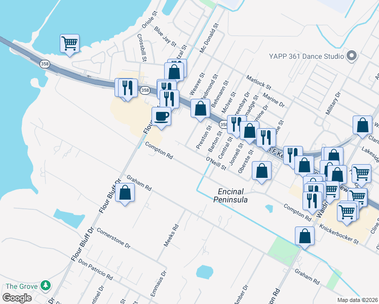 map of restaurants, bars, coffee shops, grocery stores, and more near 1801 O'Neill Street in Corpus Christi