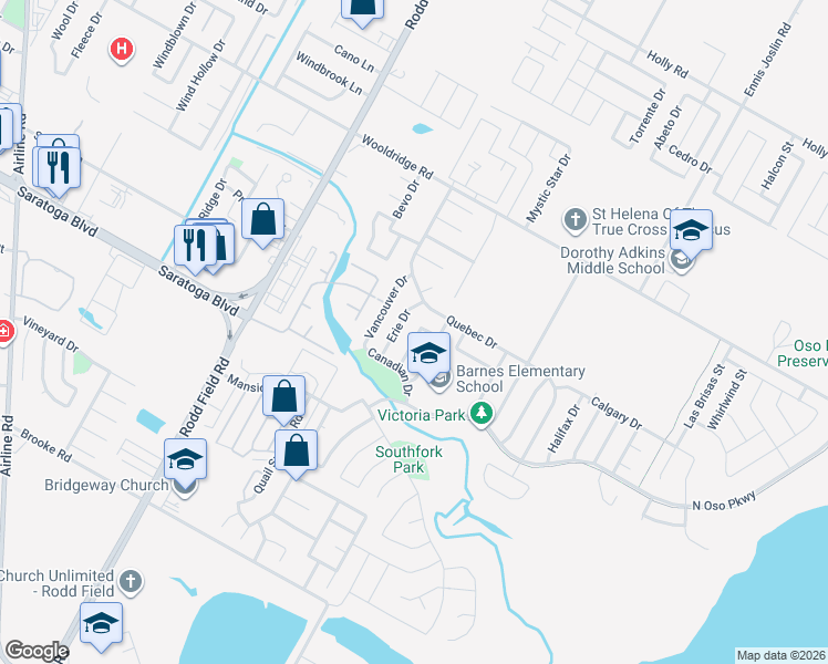 map of restaurants, bars, coffee shops, grocery stores, and more near 2806 Park-Green Drive in Corpus Christi