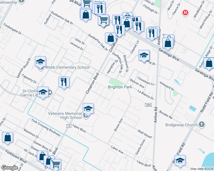 map of restaurants, bars, coffee shops, grocery stores, and more near 3401 De Zavala Street in Corpus Christi
