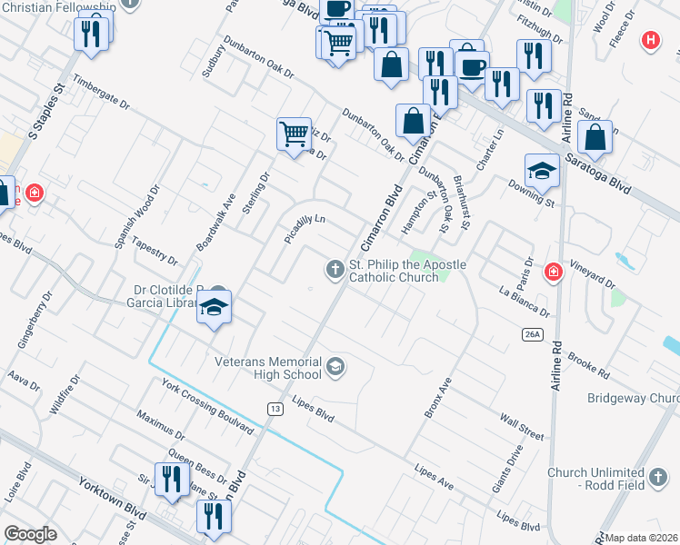 map of restaurants, bars, coffee shops, grocery stores, and more near 3513 Cimarron Boulevard in Corpus Christi