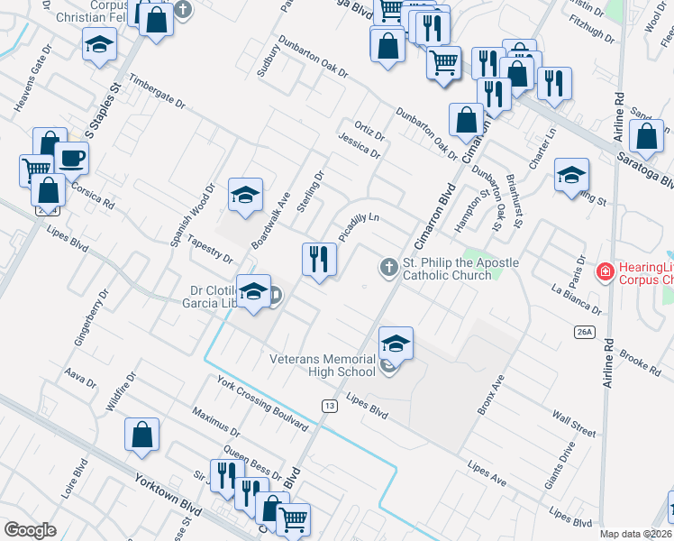 map of restaurants, bars, coffee shops, grocery stores, and more near 3534 South Washam Drive in Corpus Christi