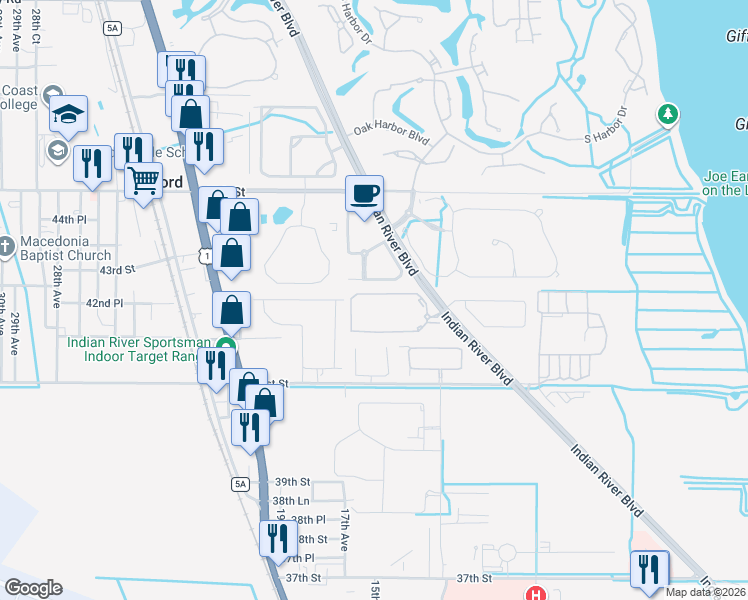 map of restaurants, bars, coffee shops, grocery stores, and more near 1570 South 42ND Circle in Vero Beach