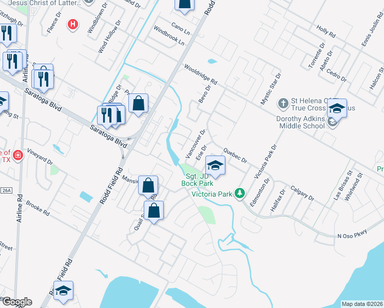map of restaurants, bars, coffee shops, grocery stores, and more near 2813 Erie Drive in Corpus Christi
