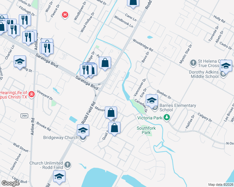 map of restaurants, bars, coffee shops, grocery stores, and more near 7221 Lake Tranquility Drive in Corpus Christi