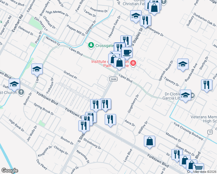 map of restaurants, bars, coffee shops, grocery stores, and more near 7301 South Staples Street in Corpus Christi