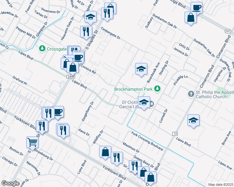 map of restaurants, bars, coffee shops, grocery stores, and more near 5906 Lindenwood Drive in Corpus Christi