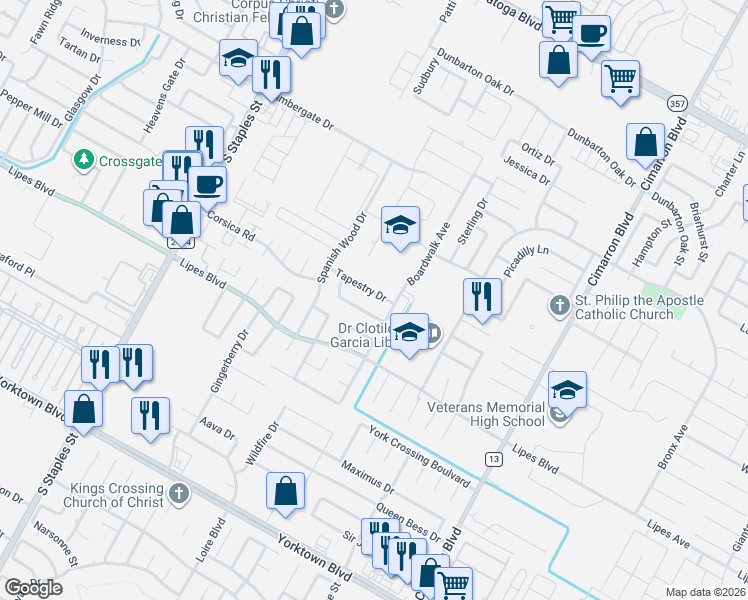 map of restaurants, bars, coffee shops, grocery stores, and more near 6038 Natchez Drive in Corpus Christi