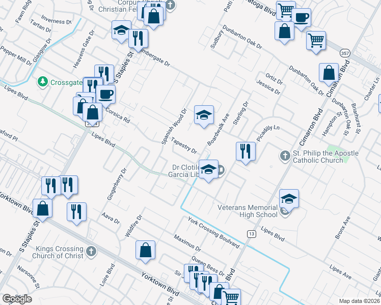 map of restaurants, bars, coffee shops, grocery stores, and more near 6038 Natchez Drive in Corpus Christi