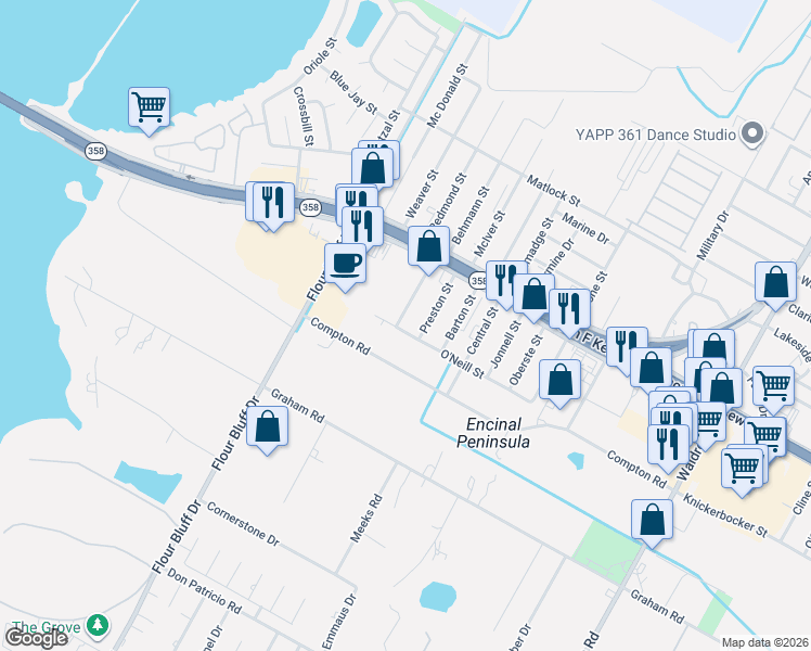 map of restaurants, bars, coffee shops, grocery stores, and more near 1213 Baywood Lane in Corpus Christi