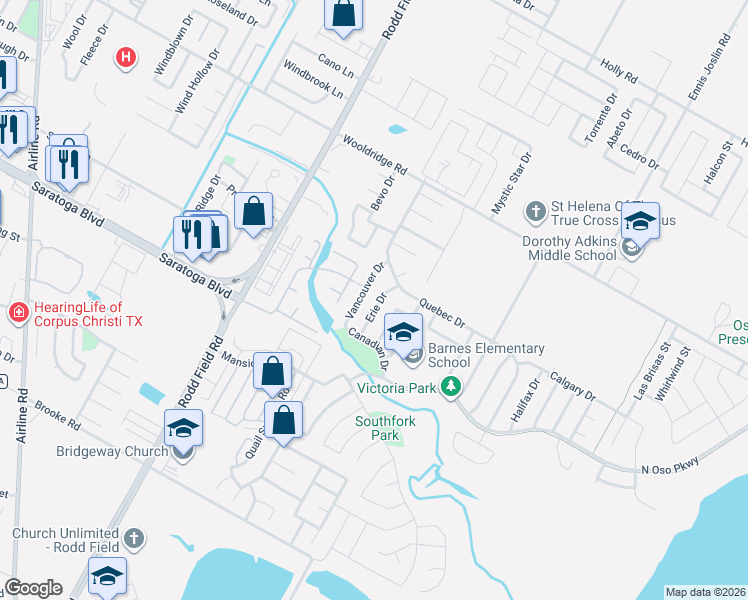 map of restaurants, bars, coffee shops, grocery stores, and more near 2725 Vancouver Drive in Corpus Christi