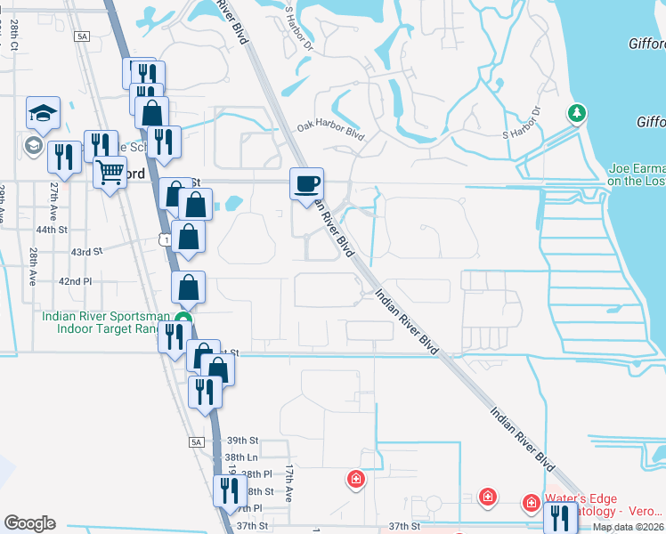 map of restaurants, bars, coffee shops, grocery stores, and more near 4307 Baseline Drive in Vero Beach