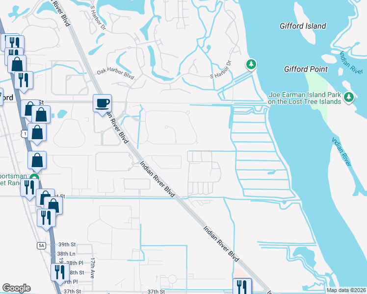 map of restaurants, bars, coffee shops, grocery stores, and more near 1165 River Wind Circle in Vero Beach