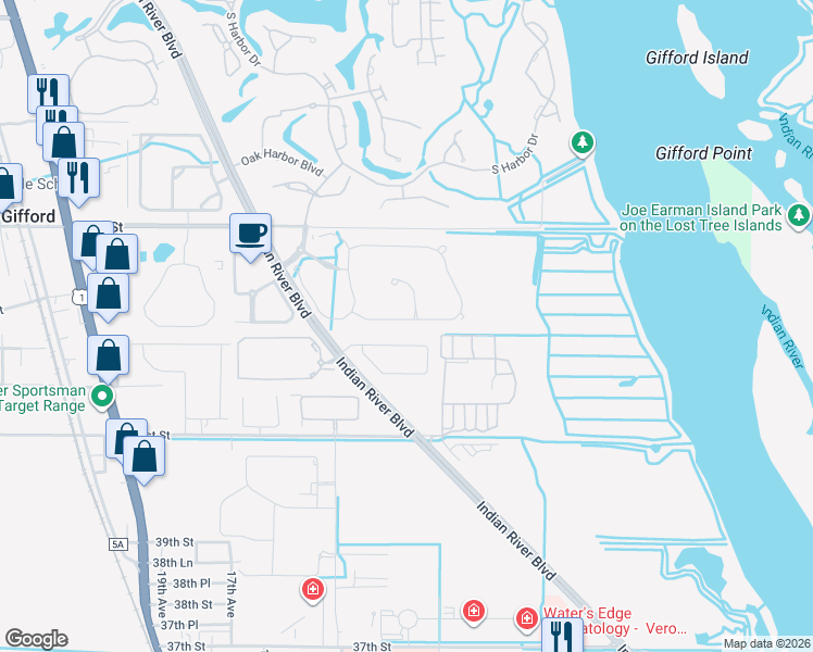 map of restaurants, bars, coffee shops, grocery stores, and more near 1185 River Wind Circle in Vero Beach