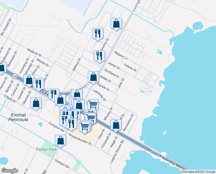map of restaurants, bars, coffee shops, grocery stores, and more near 505 Webb Street in Corpus Christi