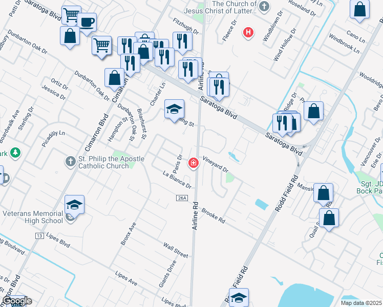 map of restaurants, bars, coffee shops, grocery stores, and more near 6654 Vienna Drive in Corpus Christi