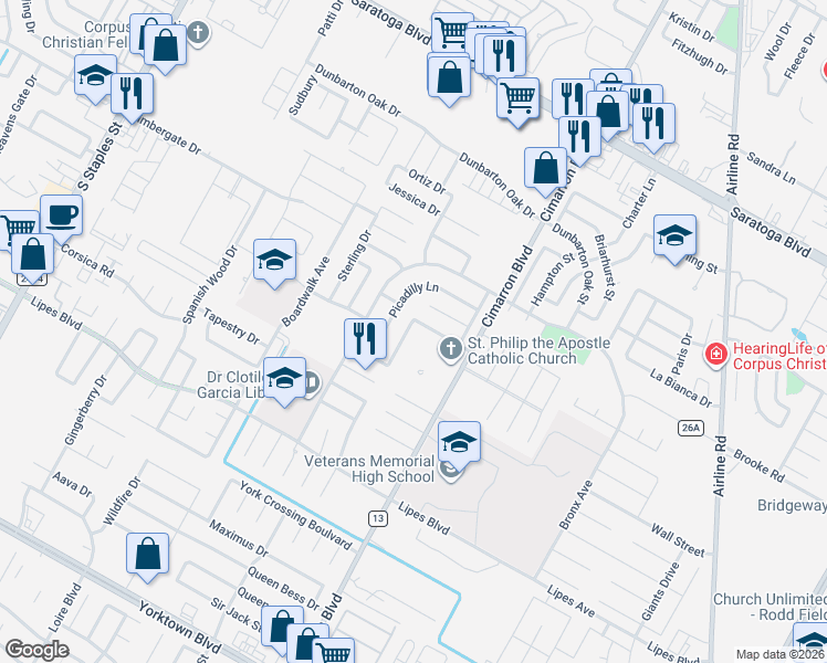 map of restaurants, bars, coffee shops, grocery stores, and more near 3510 Picadilly Lane in Corpus Christi