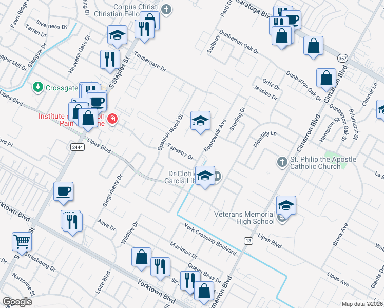 map of restaurants, bars, coffee shops, grocery stores, and more near 6002 Tapestry Drive in Corpus Christi