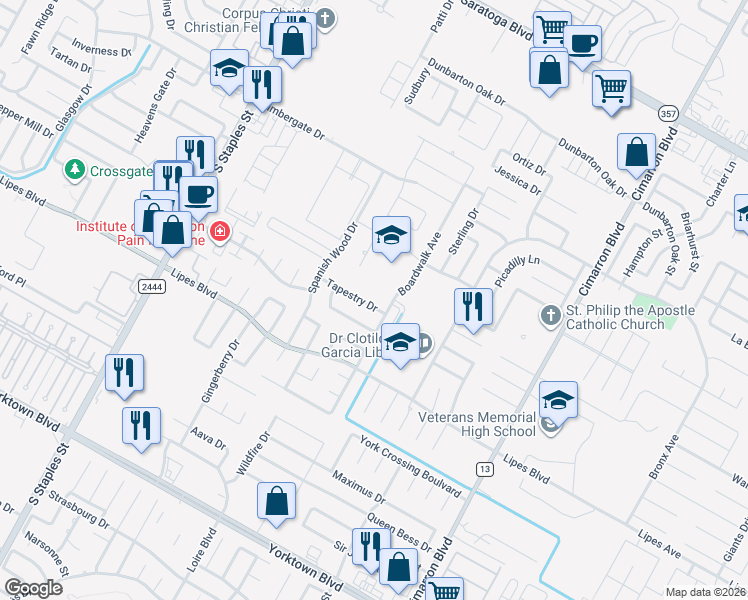 map of restaurants, bars, coffee shops, grocery stores, and more near 6002 Tapestry Drive in Corpus Christi
