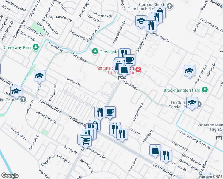 map of restaurants, bars, coffee shops, grocery stores, and more near 7221 South Staples Street in Corpus Christi
