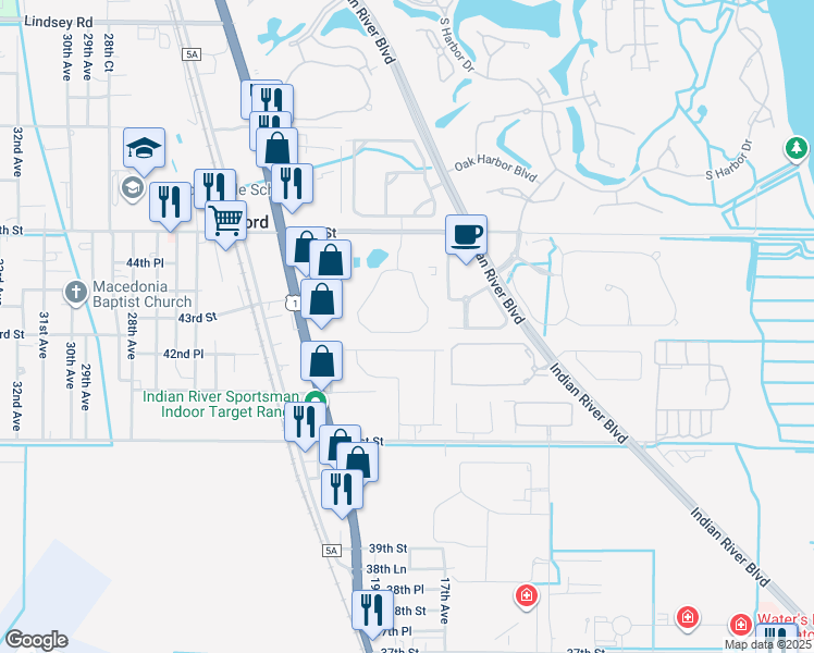 map of restaurants, bars, coffee shops, grocery stores, and more near 1850 Woodland Circle in Vero Beach
