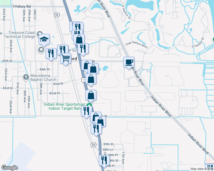 map of restaurants, bars, coffee shops, grocery stores, and more near 1850 Woodland Circle in Vero Beach