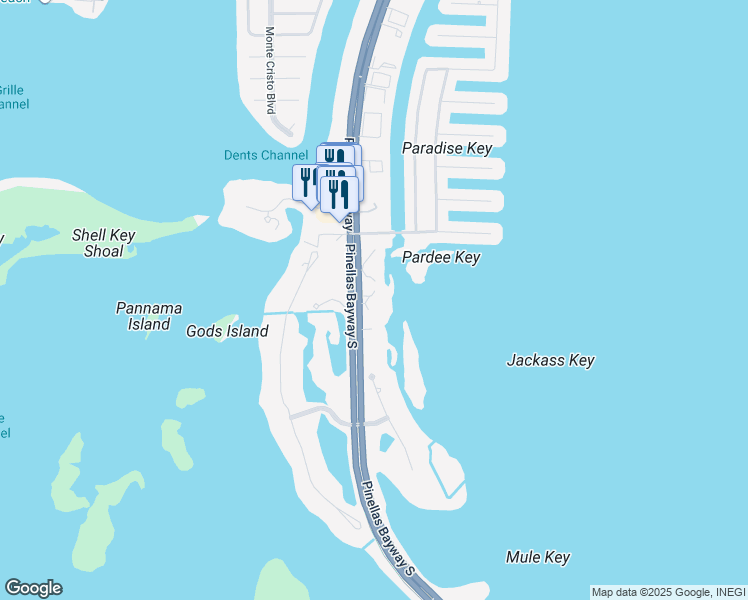 map of restaurants, bars, coffee shops, grocery stores, and more near 1515 Pinellas Bayway South in St. Petersburg