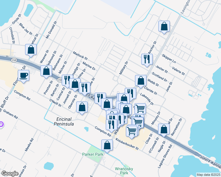 map of restaurants, bars, coffee shops, grocery stores, and more near 918 West Lakeside Drive in Corpus Christi