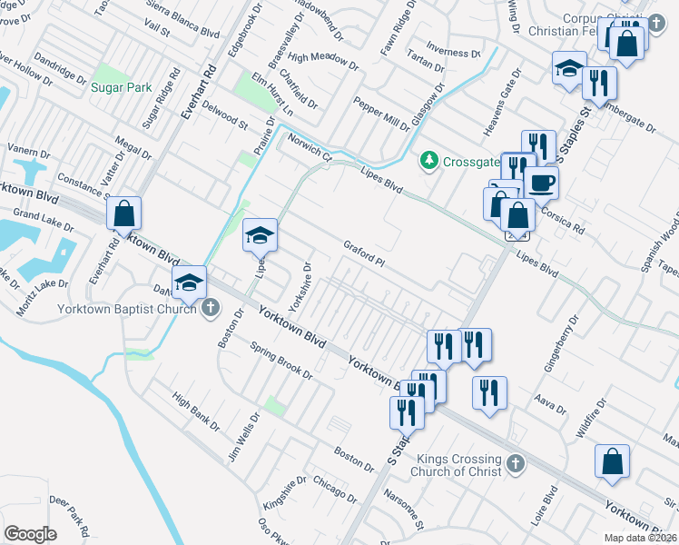 map of restaurants, bars, coffee shops, grocery stores, and more near 6909 King Arthur Street in Corpus Christi
