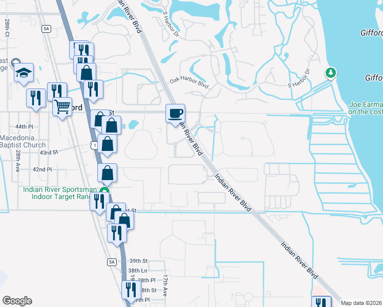 map of restaurants, bars, coffee shops, grocery stores, and more near 4307 Baseline Drive in Vero Beach