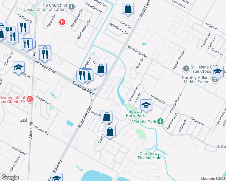 map of restaurants, bars, coffee shops, grocery stores, and more near 7173 Lake Placid Drive in Corpus Christi