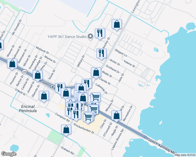 map of restaurants, bars, coffee shops, grocery stores, and more near 534 Claride Street in Corpus Christi