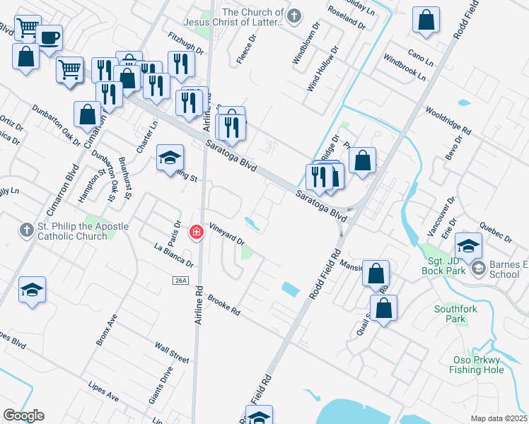 map of restaurants, bars, coffee shops, grocery stores, and more near 6901 Saratoga Boulevard in Corpus Christi