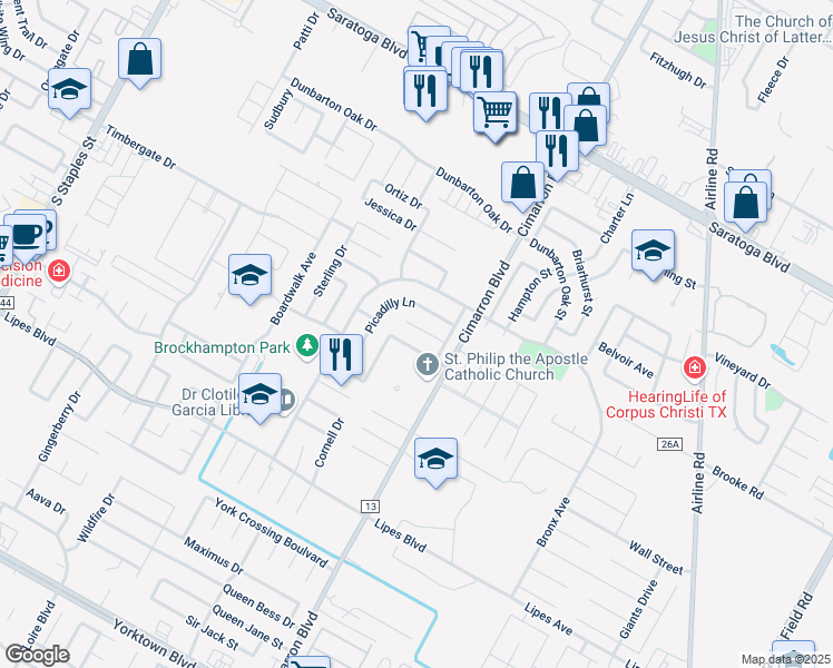 map of restaurants, bars, coffee shops, grocery stores, and more near 6321 Ramsgate Circle in Corpus Christi