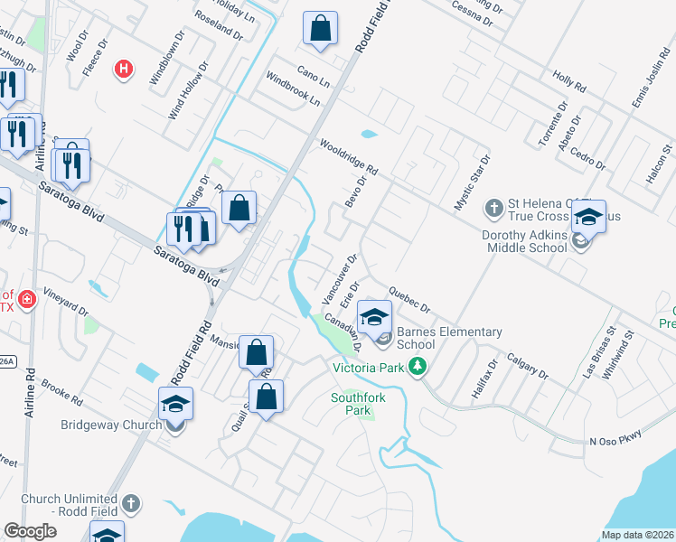 map of restaurants, bars, coffee shops, grocery stores, and more near 2725 Vancouver Drive in Corpus Christi
